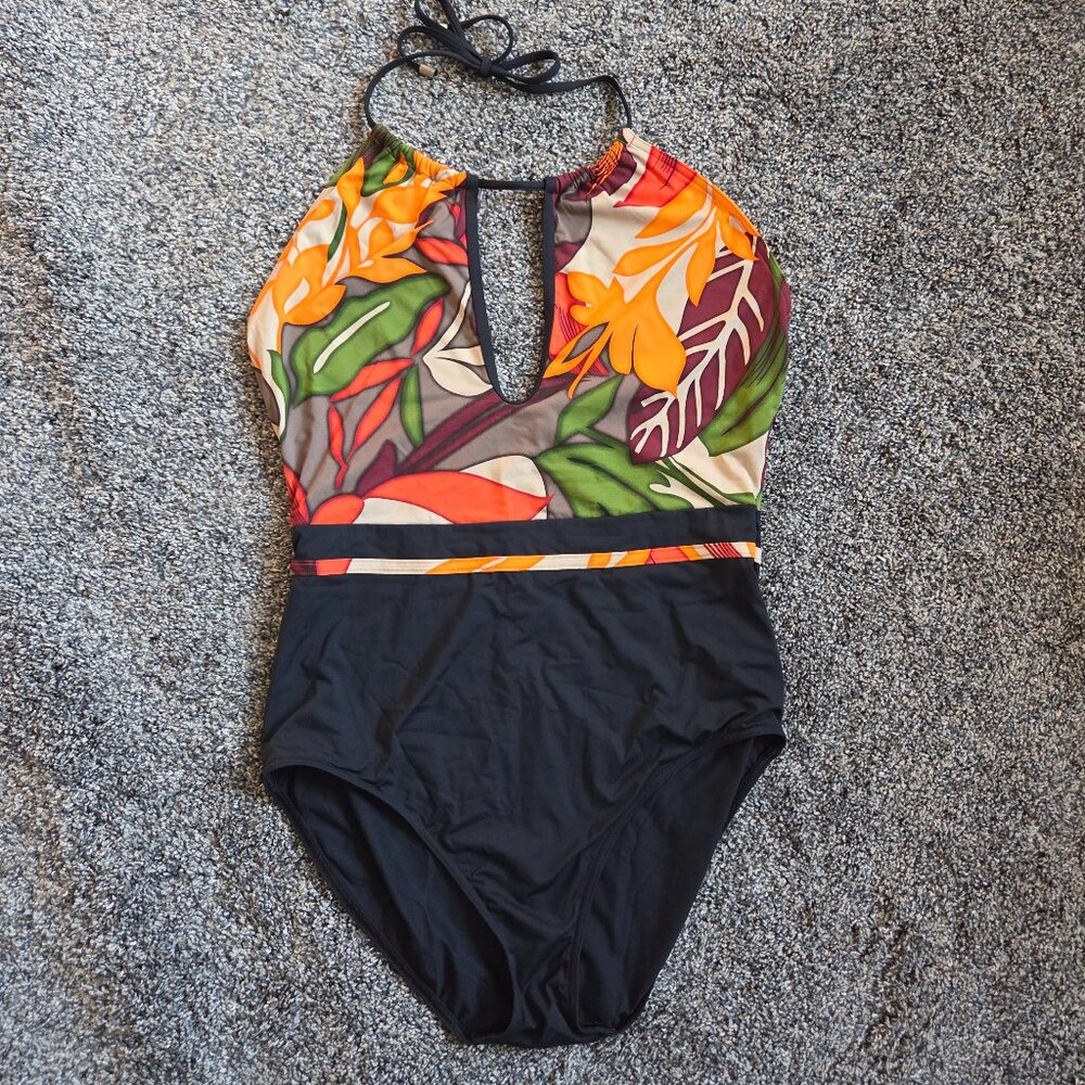Calvin Klein One Piece Halter Tropical Print Swimsuit Size 12